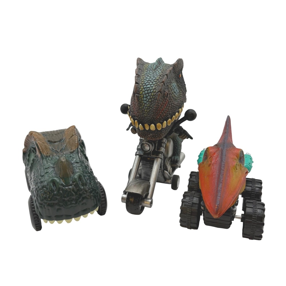 Lot of 3 Dinosaur Pullback Race Car Toys T-Rex Motorcycle Triceratop Pterodactyl - Picture 2 of 5